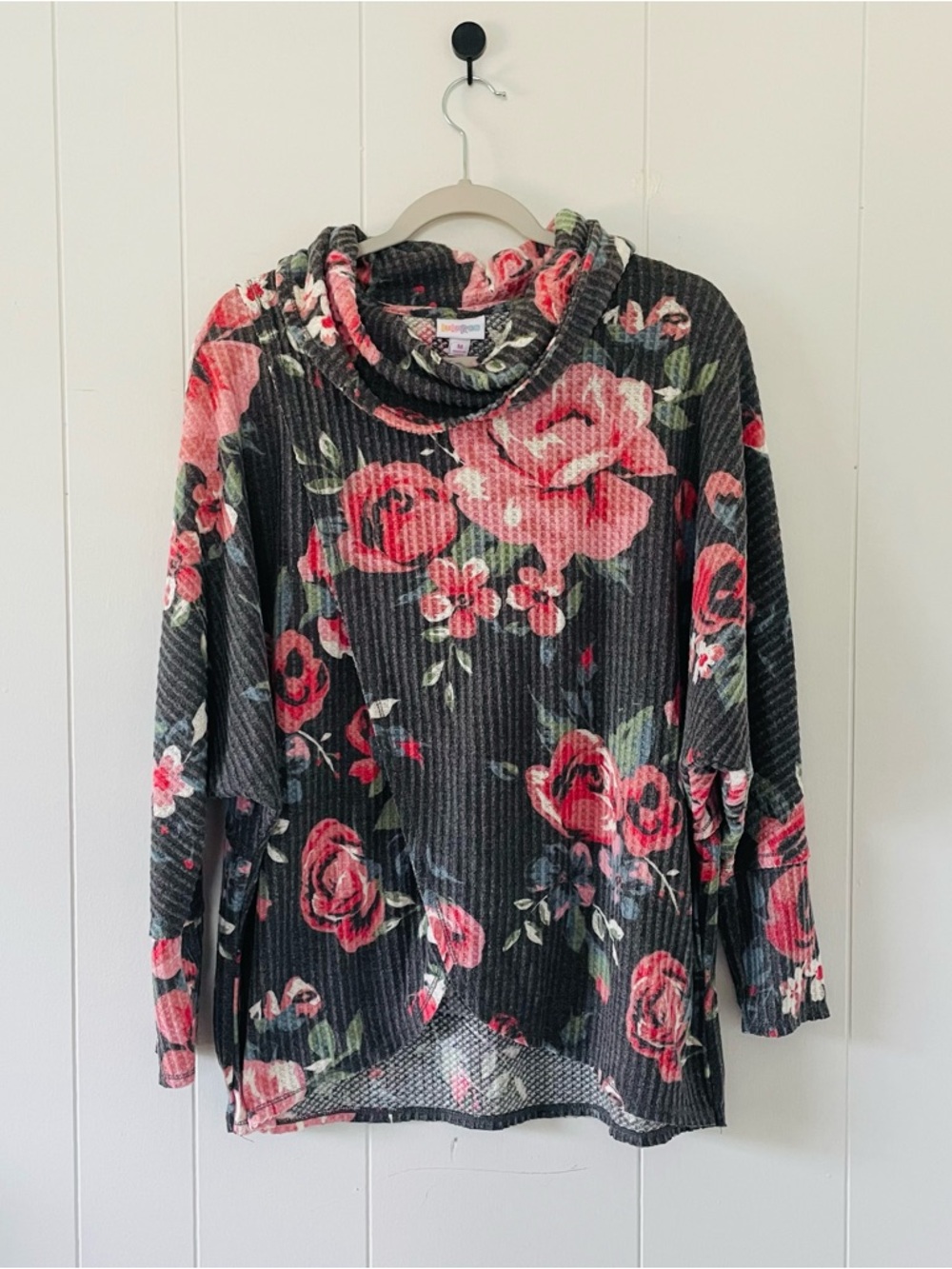 LuLaRoe Charcoal Sweater with Pink Rose Print